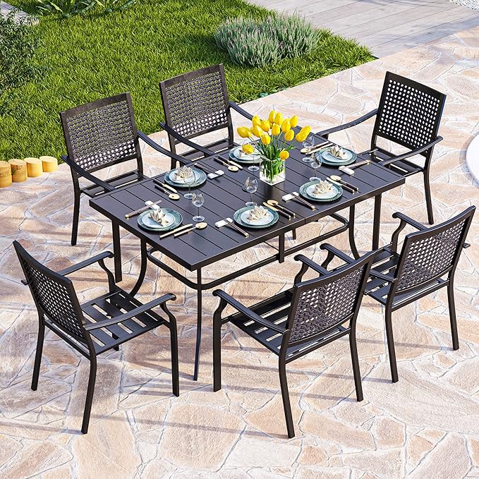 PHI VILLA Outdoor Modern Dining Table Set for 6 Dining Chairs Patio Furniture Set of 7, Metal Patio Table with Umbrella Hole & Wrought Iron Chairs for Bistro Backyard Garden