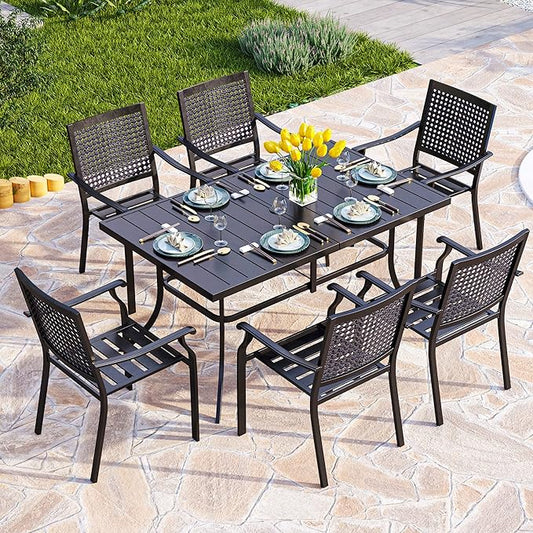 PHI VILLA Outdoor Modern Dining Table Set for 6 Dining Chairs Patio Furniture Set of 7, Metal Patio Table with Umbrella Hole & Wrought Iron Chairs for Bistro Backyard Garden