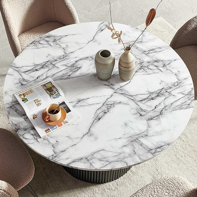 47" Round Kitchen Dining Table Set for 4, Two-Part White Marble Tabletop with Wood Strips, Industrial Home Kitchen Table Set with Brown Sherpa Barrel Dining Accent Side Chairs Comfy