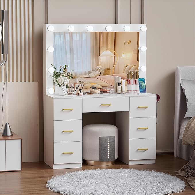 White Makeup Vanity Desk with Lighted Mirror & Power Outlet,3 Color Modes, Brightness Adjustable,Vanity Table with Drawer,Sliding 2 Storage Wall-Mounted Jewelry,4 Shelves for Bedroom