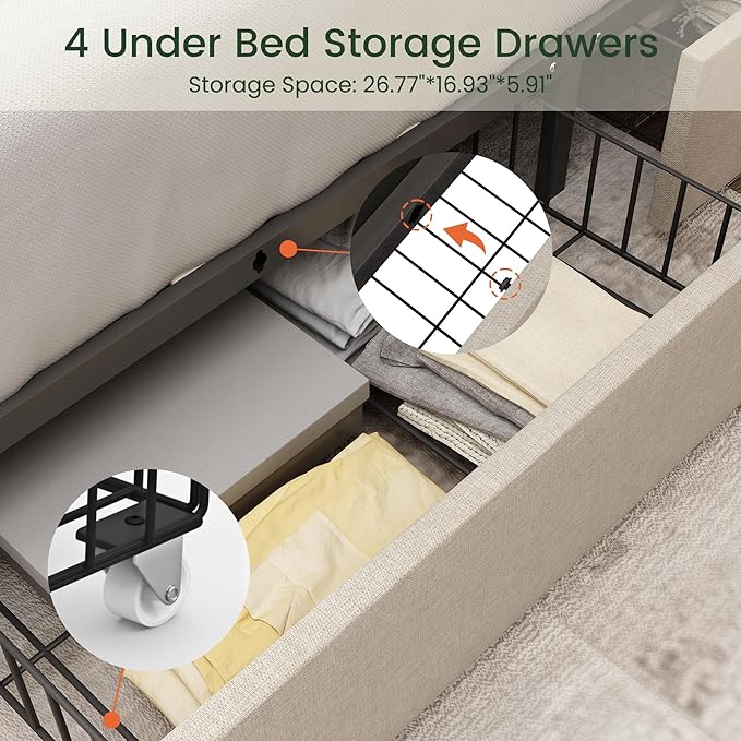 King Size Bed Frame with 4 Storage Drawers and Tufted Headboard Linen Upholstered Platform Bed Frame with Heavy Duty Wood Slats, No Box Spring Needed, Easy Assembly, Beige