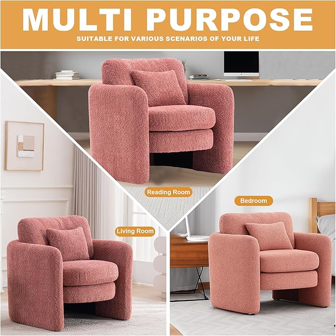 Chenille Accent Armchair Oversize Upholstered Barrel Comfy Modern Round Lounge Sofa Chair with Pillow Cozy Reading Chairs for Apartment,Office,Living Room,Dining,Makeup,Club,Pink 2SET