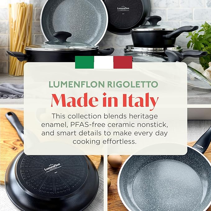 Rigoletto 11” Nonstick Frying Pan Skillet, Made in Italy, Vesuvio Layered Ceramic PFAS-Free Surface, Induction Ready, Dishwasher & Metal Utensil Safe, Granite Finish, Stay-Cool Handle, Black