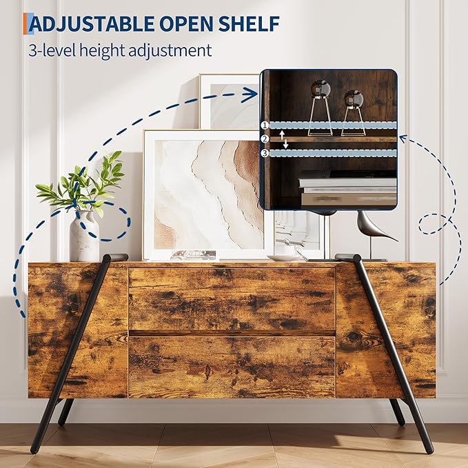 GarveeHome TV Stand for 47 Inch TV, Entertainment Center with 2 Drawers, Adjustable Shelves, U-Shaped Metal Legs, Farmhouse Wooden TV Console for Living Room, Bedroom, Amber Oak