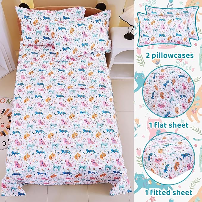 Viviland 4 Pieces Girls Pink Cat Full Sheet Set - Soft Microfiber Fitted Flat Sheets & Pillowcase - Kids Colorful Floral Leaf Print Bedding Sets - for Kids & Toddlers