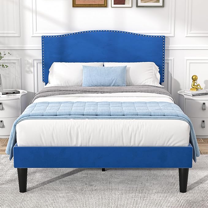 VECELO Twin Bed Frame Platform Bed Frame with Upholstered Headboard, Strong Frame and Heavy-Duty Slats Support, Non-Slip and Noise-Free, Easy Assembly,Dark Blue