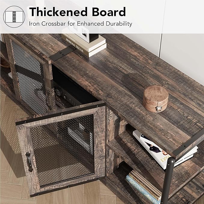 CABIHOME Farmhouse TV Stand for 65/75 inches TVs, Entertainment Center with Storage Cabinet and Mesh Doors, Industrial Media Console Cabinet Table, Living Room Media Furniture, Oak