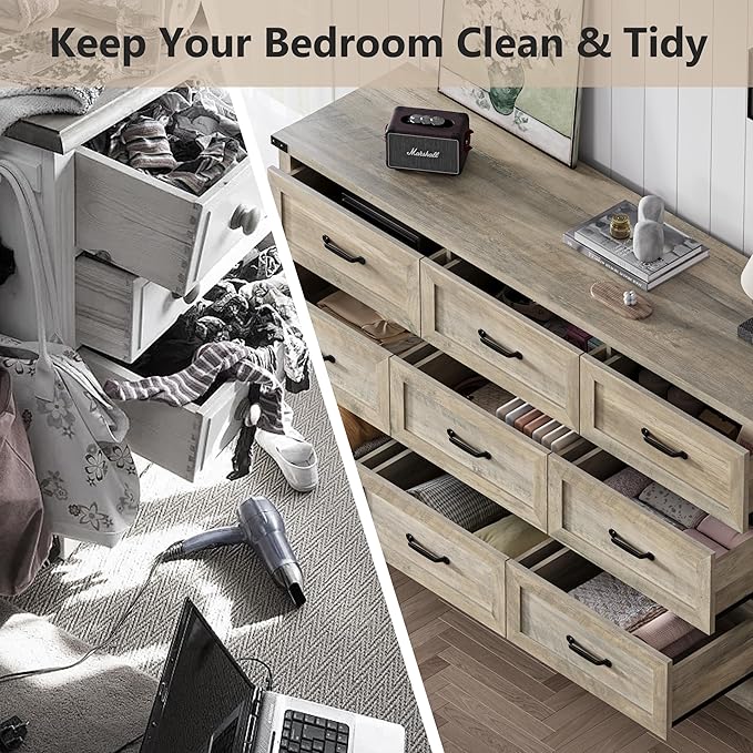 Dresser for Bedroom, 59'' Wide Chest of Drawers with Natural Wood Texture, 9 Drawer Dresser for Closet with Metal Handles, Sleek Storage Solution for Living Room, Office, Hallway, Grey