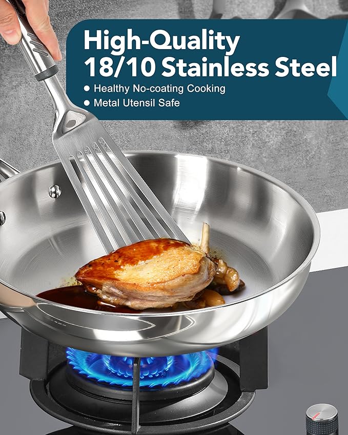 MICHELANGELO 18/10 Stainless Steel Frying Pan Set, 8" / 9.5" / 11" Cooking Pans, Triply Base Stainless Steel Pan Set with Ergonomic Handle, Induction Compatible