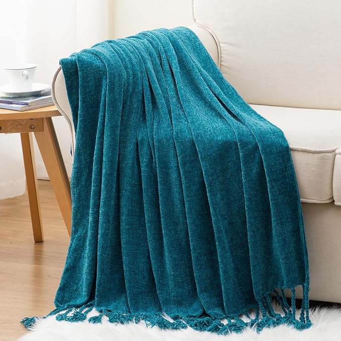 BATTILO HOME Teal Blue Throw Blanket for Couch, Bed, Sofa - Soft Cozy Chenille Throw with Fringe Tassels, Lightweight Knit Throw for Home Decor, 50"x60"