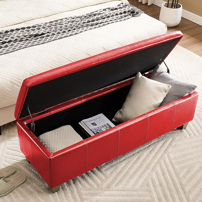 51" Faux Leather Storage Ottoman, Stitch Tufted Rectangle Upholstered End of Bed Storage Bench, Entryway Large Couch Ottoman with Wooden Legs,Red
