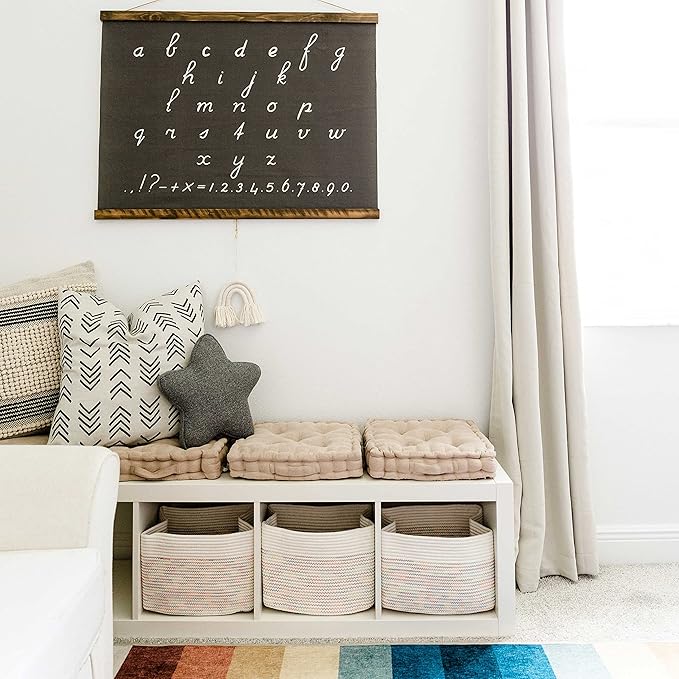 OrganiHaus Set of 3 Rainbow Stiches Woven Storage Baskets for Organizing, Cotton Rope Storage Baskets for Shelves, Soft Bathroom Bins for Organizing, Decorative Cute Nursery Bins for Toys