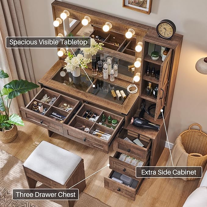 JXQTLINGMU Farmhouse Vanity Makeup Desk with Charging Station, 43" W Vanity Desk with Lights Mirror and Drawers for Makeup, Big Modern Makeup Table Set with Stool for Bedroom, Light Brown