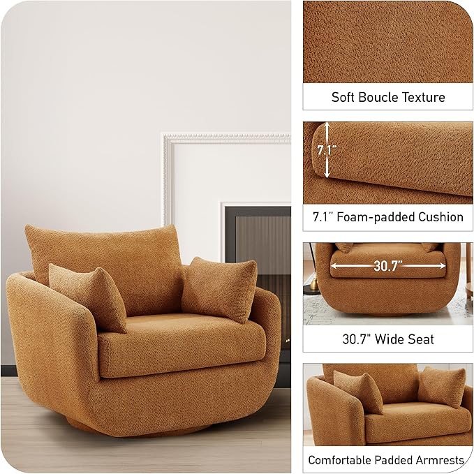 360° Swivel Accent Armchair Set of 2, 39.3" Oversized, Sherpa Boucle Fabric Sofa Chair with Removable Back & Arm Pillows, Swivel Chairs with Cozy Soft Padded, No Assembly Required, Curry
