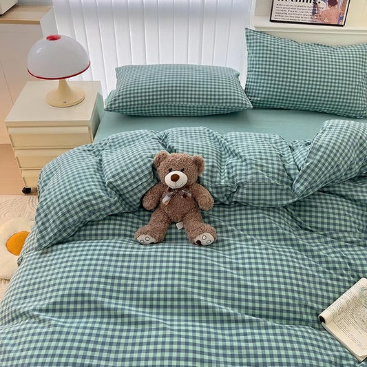 mixinni Dark Green Gingham Comforter Set Full, Plaid Comforter Set 3 Pieces 1 Teal Grid Comfoter with 2 Pillow Cases for All Seasons, Soft Fluffy Modern Grid Pattern Printed Bedding-Full Size