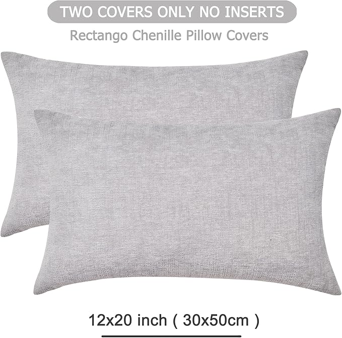 GAWAMAY Lumbar Support Pillow Decorative Throw Pillow Covers 12"x20" Inch Set of 2, Super Soft Chenille Pillowcase for Living Room Bedroom Sofa Couch Cushion Cover Light Grey 30x50cm (ONLY Covers)
