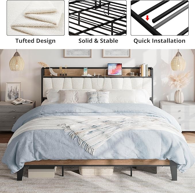LIKIMIO California King Bed Frames, Storage Headboard with Charging Station, Solid and Stable, Noise Free, No Box Spring Needed, Easy Assembly, Wood and Cream