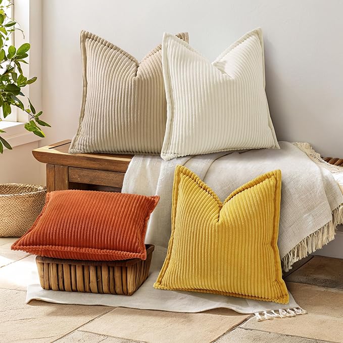 decorUhome Corduroy Cream White Throw Pillow Covers 16x16 Set of 2 Decorative Soft Boho Striped Neutral Euro Farmhouse Couch Pillow Covers with Broadside for Living Room Bed Sofa