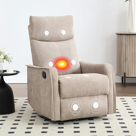Massage Rocker Swivel Recliner Chair for Adults, Manual Recliner Glider with Lumbar Heating, Technical Flannel Fabric Nursery Glider Rocking Chair with Vibration Massage for Living Room - Khaki