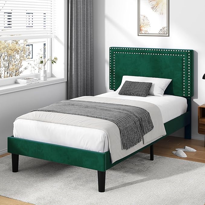 VECELO Twin Size Platform Bed Frame with Adjustable Upholstered Headboard, Strong Wood Slat Support, No Box Spring Needed, Easy Assembly