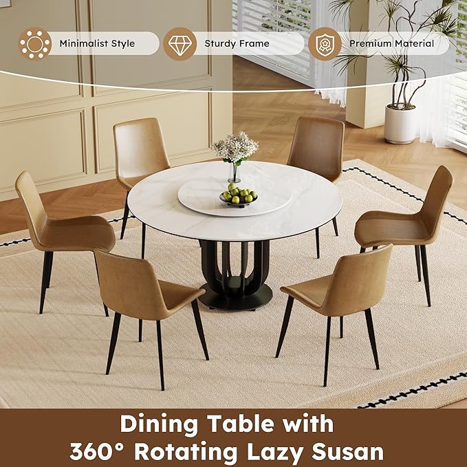 Dining Table Set with 8 Chairs, 59" Round Modern Marble Dining Table with Lazy Susan, Sintered Stone Top for Kitchen, Dining Room, Dinette
