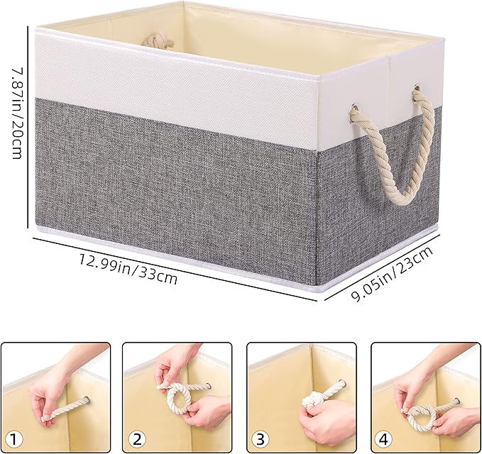 Yawinhe Foldable Storage Basket 5-Pack, Large Fabric Bins with Rope Handle, Used for Organizing Shelves, Closets, Clothes, 12.99''Lx9.05''Wx7.87''H, White/Grey