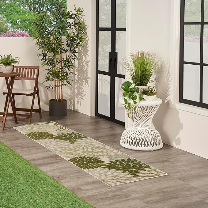 Nourison Home Aloha Indoor/Outdoor Ivory Green 2' x 6' Area Rug, Easy Cleaning, Non-Shedding, Bed Room, Living Room, Dining Room, Backyard, Patio, Deck (2x6)
