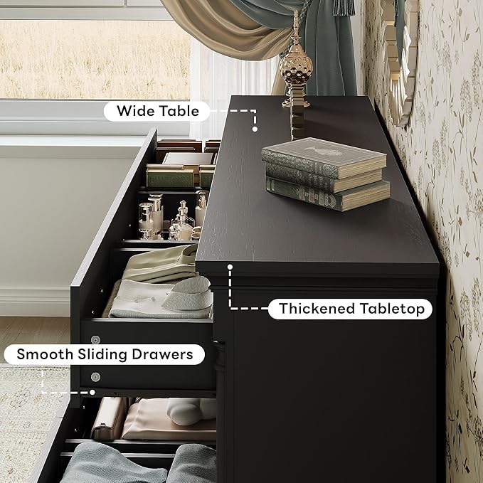 LIKIMIO Farmhouse Dresser for Bedroom with 9 Drawers, 58" Wide Wood Chest of Drawers with Roman Column, Dresser TV Stand for 65", Closet Storage Dressers Organizer for Bedroom, Living Room, Hallway