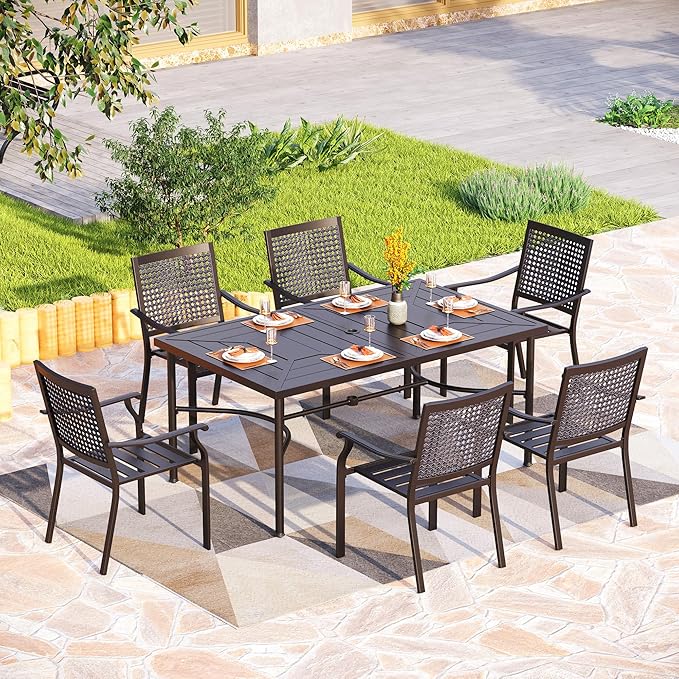 PHI VILLA Outdoor Conversation Furniture Dining Table and Chairs Set of 7 Pieces Patio Dining Set Metal Large 1.77" Umbrella Hole Table for 6 Person Wrought Iron Bistro Dining Chairs