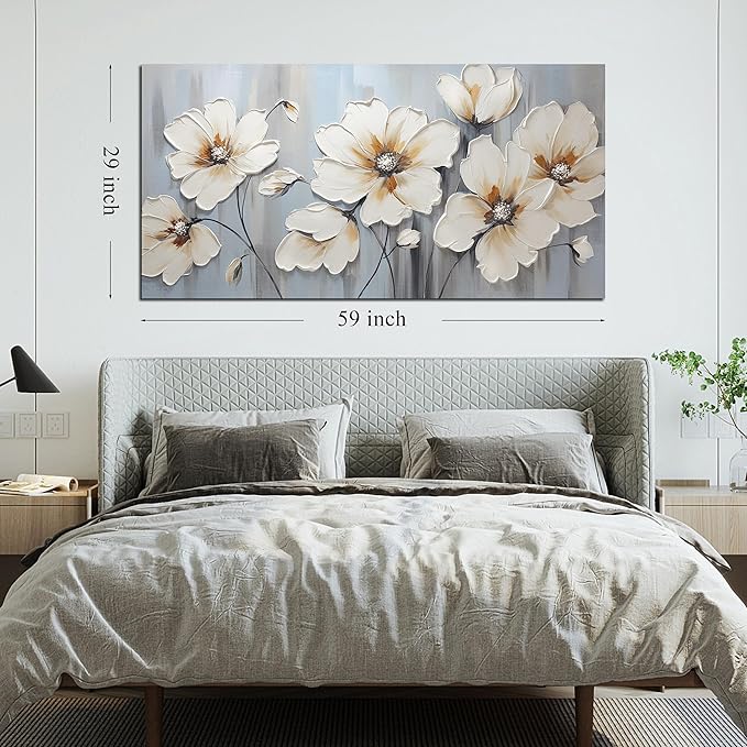 Large Canvas Wall Art Modern Wall Decor White Flower Theme Picture Wall Art with Frame Canvas Decorative Artwork Living Room Bedroom Home Office Hangable Decorative Painting Size 30x60