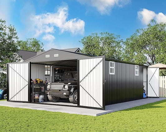 AMERLIFE 13x21x8.4 FT Outdoor Metal Garage Shed, Extra Large Storage Shed with Double Hinged Doors, 4 Windows, Carport for Car, Truck, Bicycle and Lawn Equipment, Dark Gray