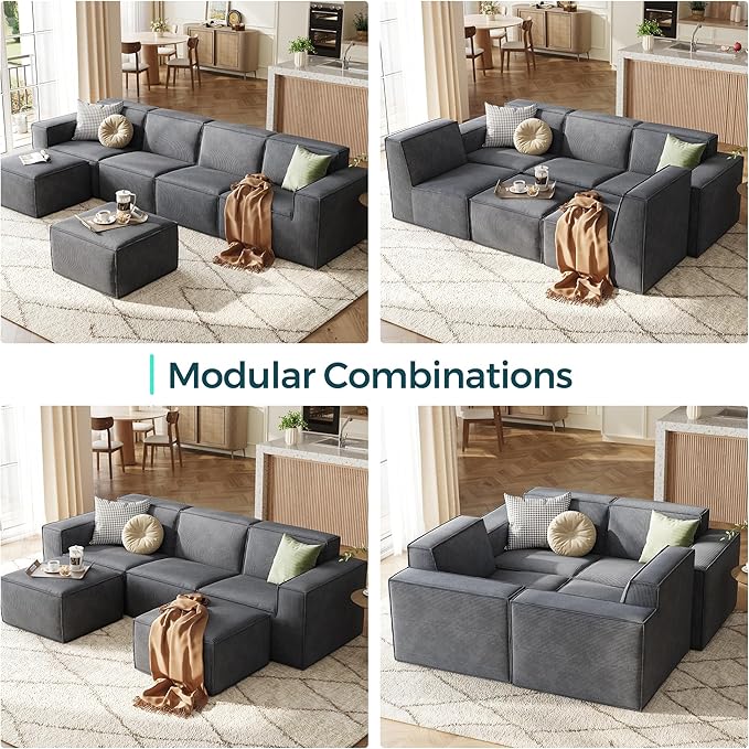 LINSY HOME Modular Sectional Sofa, 134" Boneless Couch L Shaped 4-Seat Sofa with Movable Ottoman, Corduroy Sectional Cloud Couches for Living Room, No Assembly Required, Bluish Grey