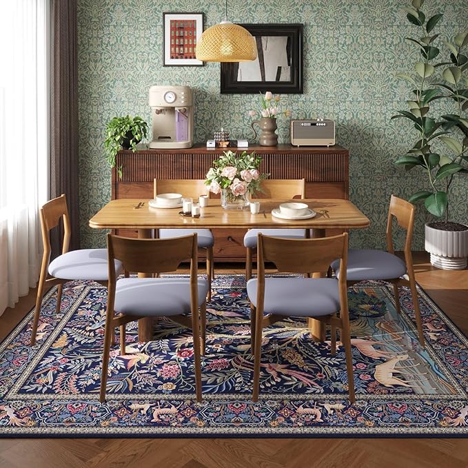 8x10 Area Rugs Vibrant Tree of Life-Patterned Vintage Washable Area Rug Non Slip Low Pile Large Rug for Bedroom Farmhouse Dining Room Kids Playroom, Blue