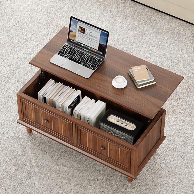 39" Lift Top Coffee Table for Hidden Compartment, Wood Coffee Tables with Shelf, Farmhouse Rectangular Center Table Dining Table for Living Room Home Office Small Space (Walnut)