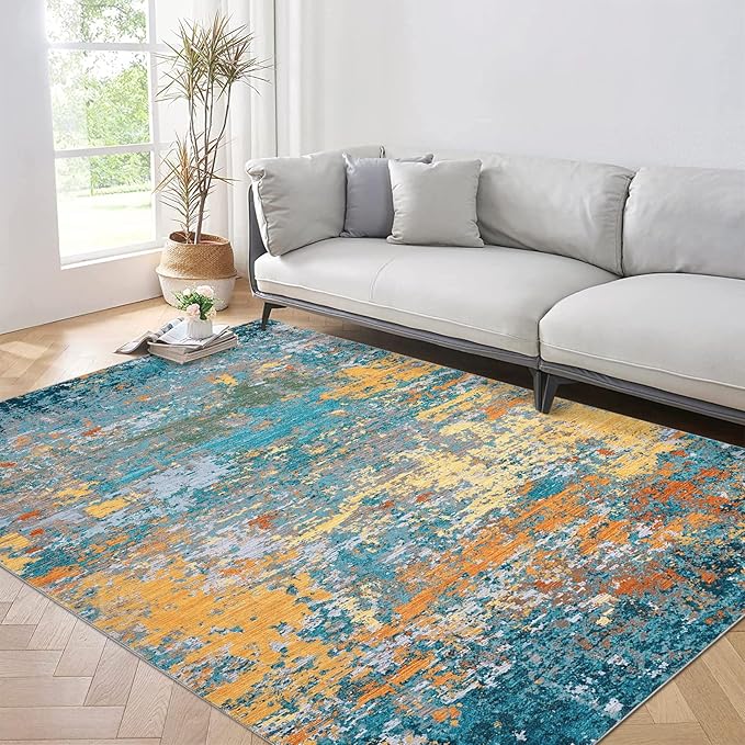 10x13 Modern Abstract Faux Wool Accent Rug for Living Room Low Pile Ultra Soft Stain Resistant Non Slip Non Shedding Throw Rug for Bedroom Home Decor, Multi Color