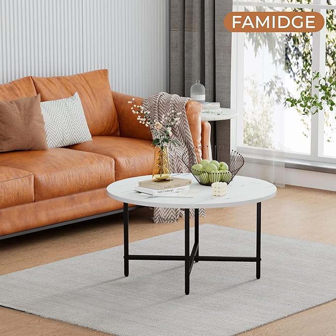 Coffee Table, 23.6" Coffee Tables for Living Room, Round Coffee Table with Metal Frame, Floor Table for Sitting on The Floor, Home, Office, White