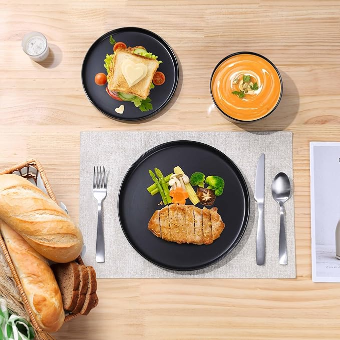 Herogo 24 Pieces Stoneware Dinnerware Set, Service for 8, Dinner Plates and Bowls Sets, Double Reactive Glaze Dishes Set for Kitchen, Scratch Resistant, Dishwasher Safe, Matte Black