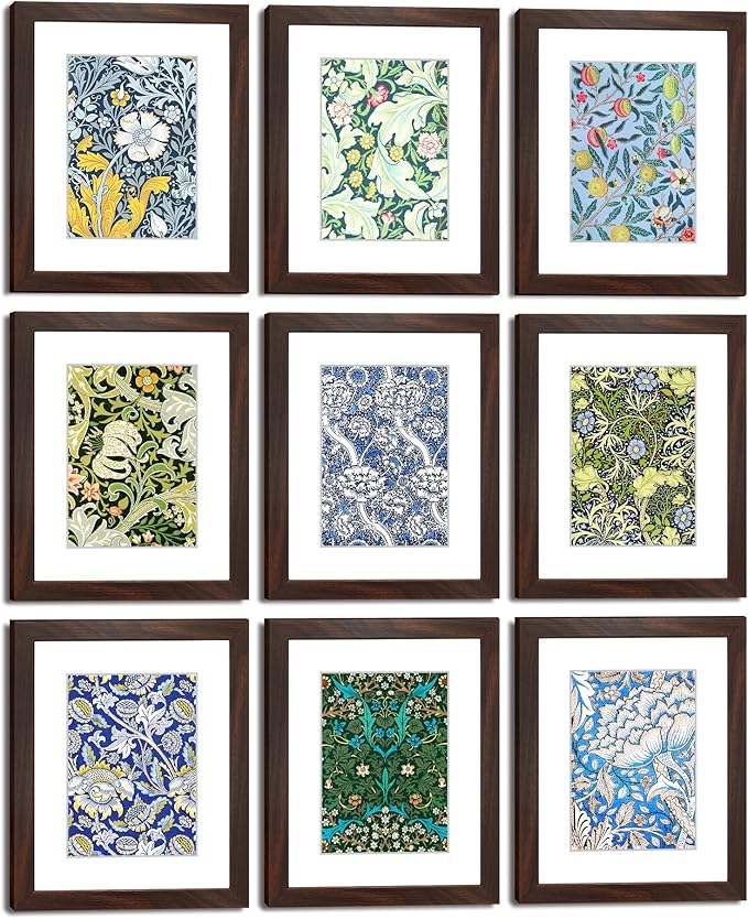 8x10 Picture Frame Set of 9 for Pictures 5x7 with Mat or 8x10 Without Mat, Wall or Tabletop Gallery Photo Frames Walnut