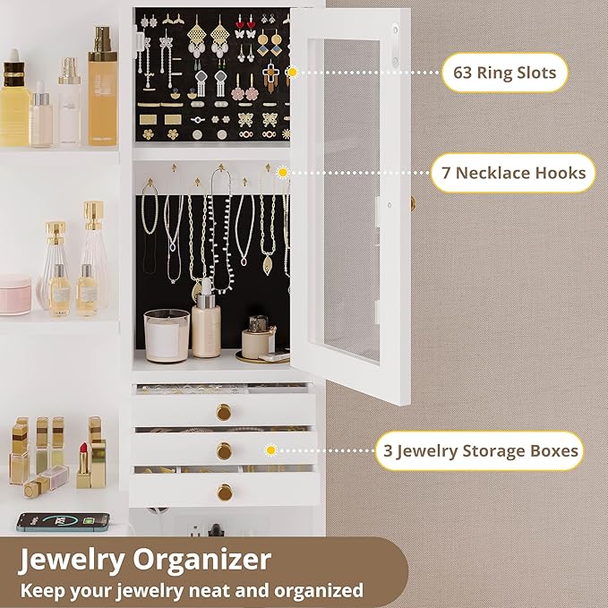 IRONCK Vanity Desk with Mirror and Lights, Makeup Vanity Table with 5 Drawers & Shelves, Power Outlet, Vanity Stool, Dressing Table with Jewelry Storage for Bedroom, White & Gold