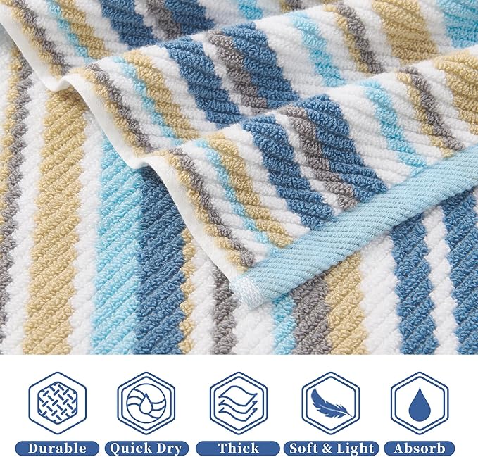 Striped Bath Towels Set (4PC, 28"x52") - 100% Cotton | Quick Dry | Soft | Absorbent, Luxury Bath Towels with Hanging loops, Light Weight Towels for Showering & Bathroom, Blue + Gray + Beige Stripes