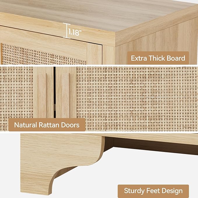 GAOMON TV Stand for TVs Up to 70'', Natural Rattan Entertainment Center with Storage Cabinets, Boho Media Console Table for Living Room, Farmhouse Cabinet