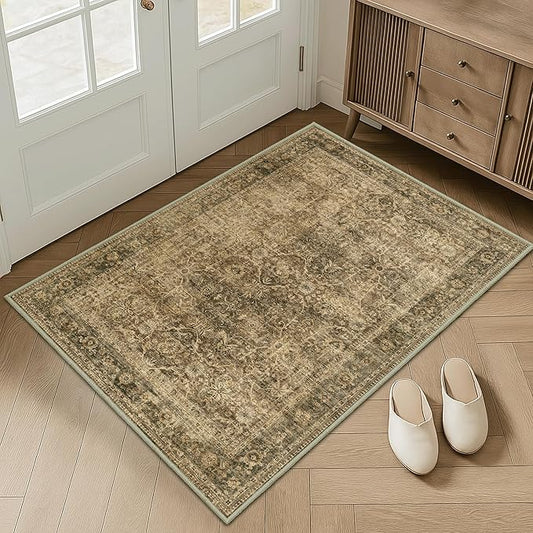 FMFUNCTEX Entryway Rug 2x3 Washable Brown Vintage Distressed Door Mat Non Slip Low Pile Indoor Carpet Soft Retro Floral Small Throw Area Rugs for Entry Way Entrance Bedroom Kitchen Bathroom Laundry