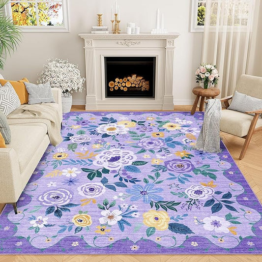 DUKINO 8x10 Area Rug, Floral Rugs for Living Room, Lightweight Non Slip Washable Rug, Indoor Low Pile & Non-Shedding Boho Design Rugs for Bedroom, Living Room, Dining Room, Purple
