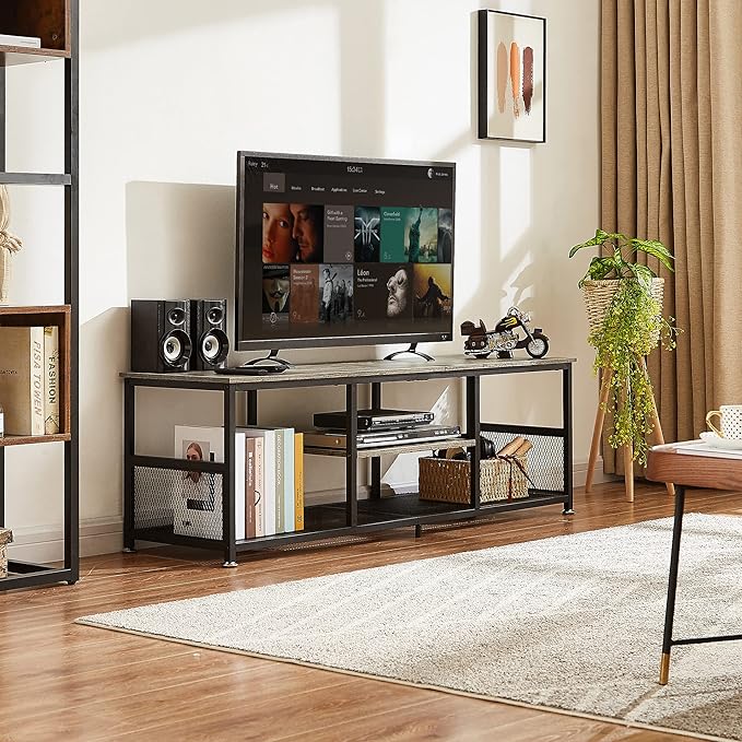 VECELO Industrial TV Stand for Televisions up to 65 Inch, 55" Entertainment Center with Open Storage Shelves for Living Room/Bedroom, 3 Tiers Media Console Table with Metal Frame, Grey, 55 Inches
