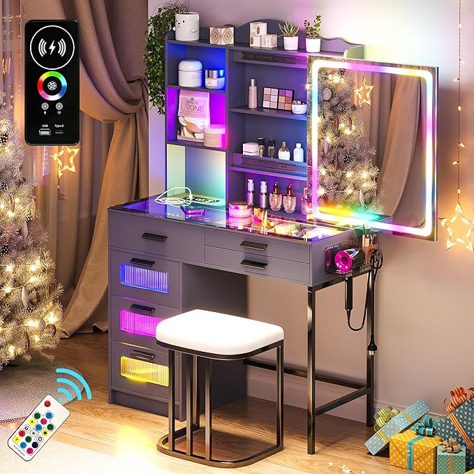 RGB Vanity Desk with Sliding Mirror and Lights, LED Makeup Vanity with Charging Station/Motion Sensor Light, Glass Top Dressing Table Set with Jewelry Box,6 Drawers,Stool for Bedroom(Grey)
