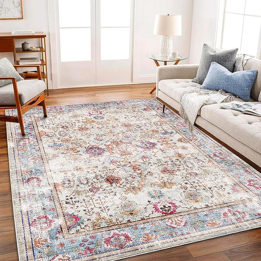 Washable Area Rug Vintage 6'x9' Light Traditional Floor Cover Thin Rug Retro Kitchen Indoor Distressed Non Slip Carpet Floral Print Mat Living Room Bedroom Dining Room