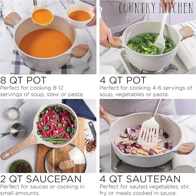 Country Kitchen Non-Stick Cast Aluminum Cookware Set - Durable Kitchen Cookware for Everyday Cooking, Cream, 13 Pc.