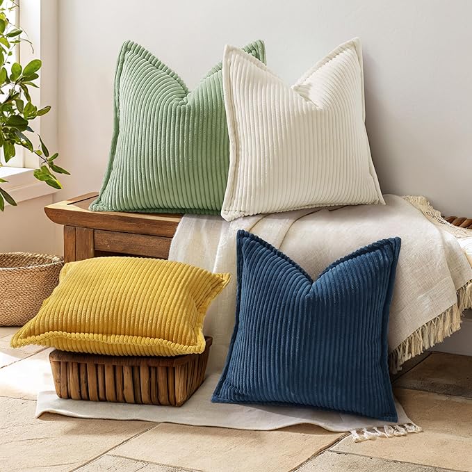 decorUhome Corduroy Navy Blue Throw Pillow Covers 16x16 Set of 2 Decorative Soft Boho Striped Neutral Euro Farmhouse Couch Pillow Covers with Broadside for Living Room Bed Sofa