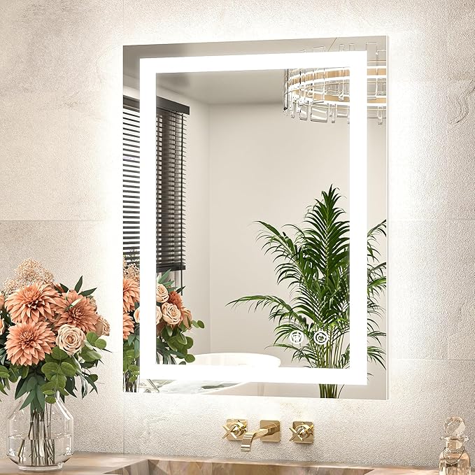 TETOTE LED Bathroom Mirror 20 x 28 Inch Brighter Light up Mirror for Bathroom Vanity, Front and Backlit Lighted Anti-Fog Wall Mirror with Lights, 3-Color Dimmable, Waterproof, Tempered Glass