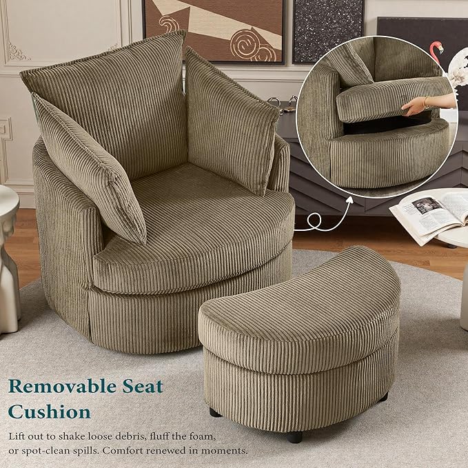 Swivel Accent Chair with Ottoman Comfy Reading Chairs for Bedroom Modern Corduroy Arm Chair 360°Swivel Barrel Chairs for Living Room,Apartment (Brown, 1)